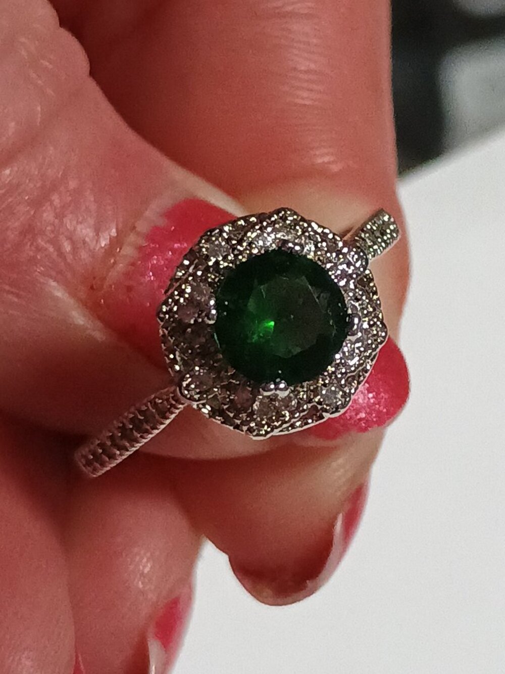 S925 Sterling Silver  Green CZ  Halo Cocktail Band Ring